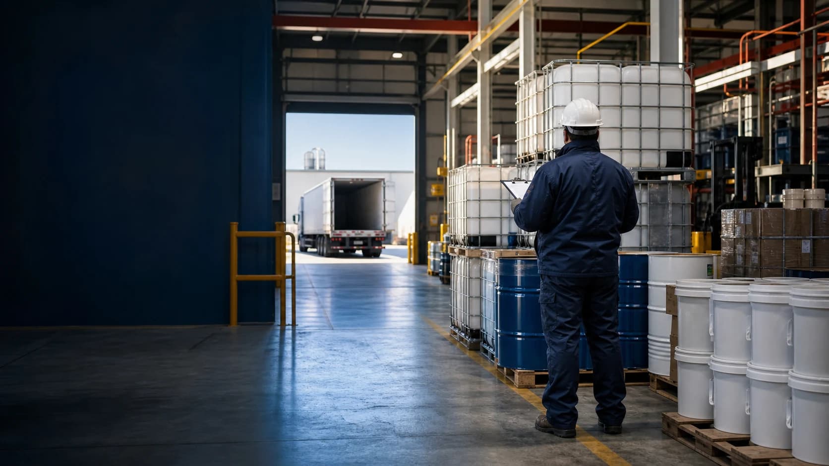 Industrial chemical drums and containers staged inside a U.S. manufacturing facility