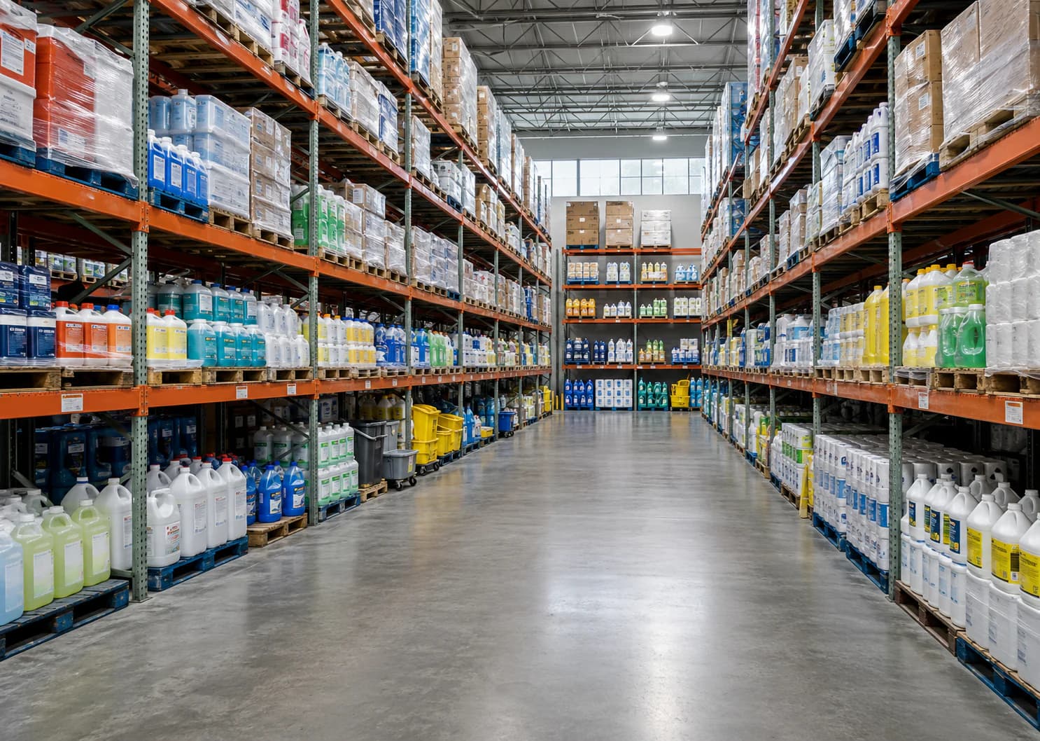 Cleaning and facility-maintenance supplies stocked for warehouse fulfillment