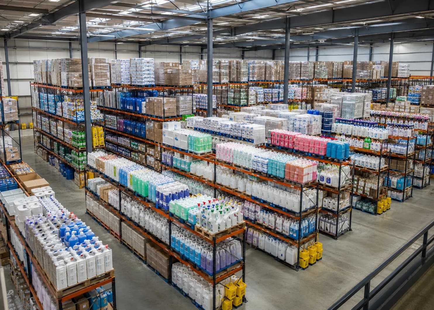 Stocked warehouse of industrial cleaning chemicals and facility-supply inventory prepared for fulfillment
